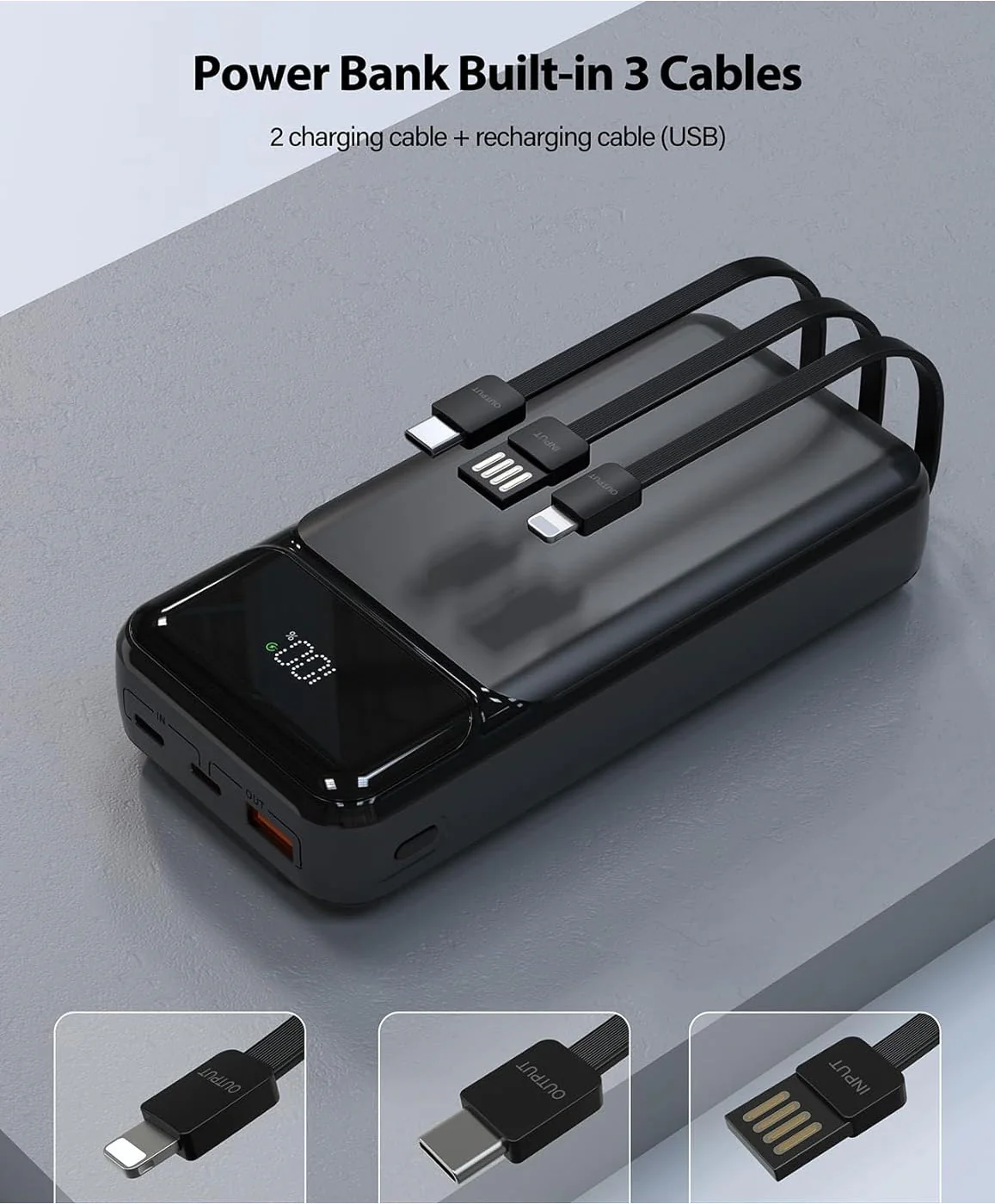 10000mAh Power Bank 22.5W PD Fast Charge Backup Battery Portable Charger Built-in Cable LED Display - ZDG38 - Image 2