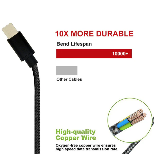 10ft USB-C to Type-C PD Cable Charger Cord - Braided - Black - Fonus R22 - Image 4