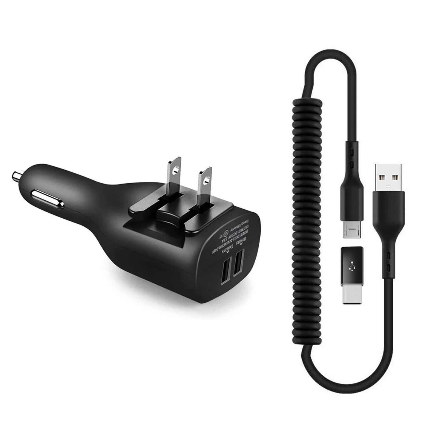 2-in-1 Car Home Charger Coiled USB Cable Micro-USB to USB-C Adapter Charger Cord Power Wire Black - ZDE96
