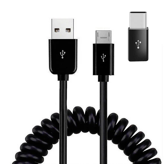 2-in-1 Car Home Charger Coiled USB Cable Micro-USB to USB-C Adapter Charger Cord Power Wire Black - ZDE96 - Image 6