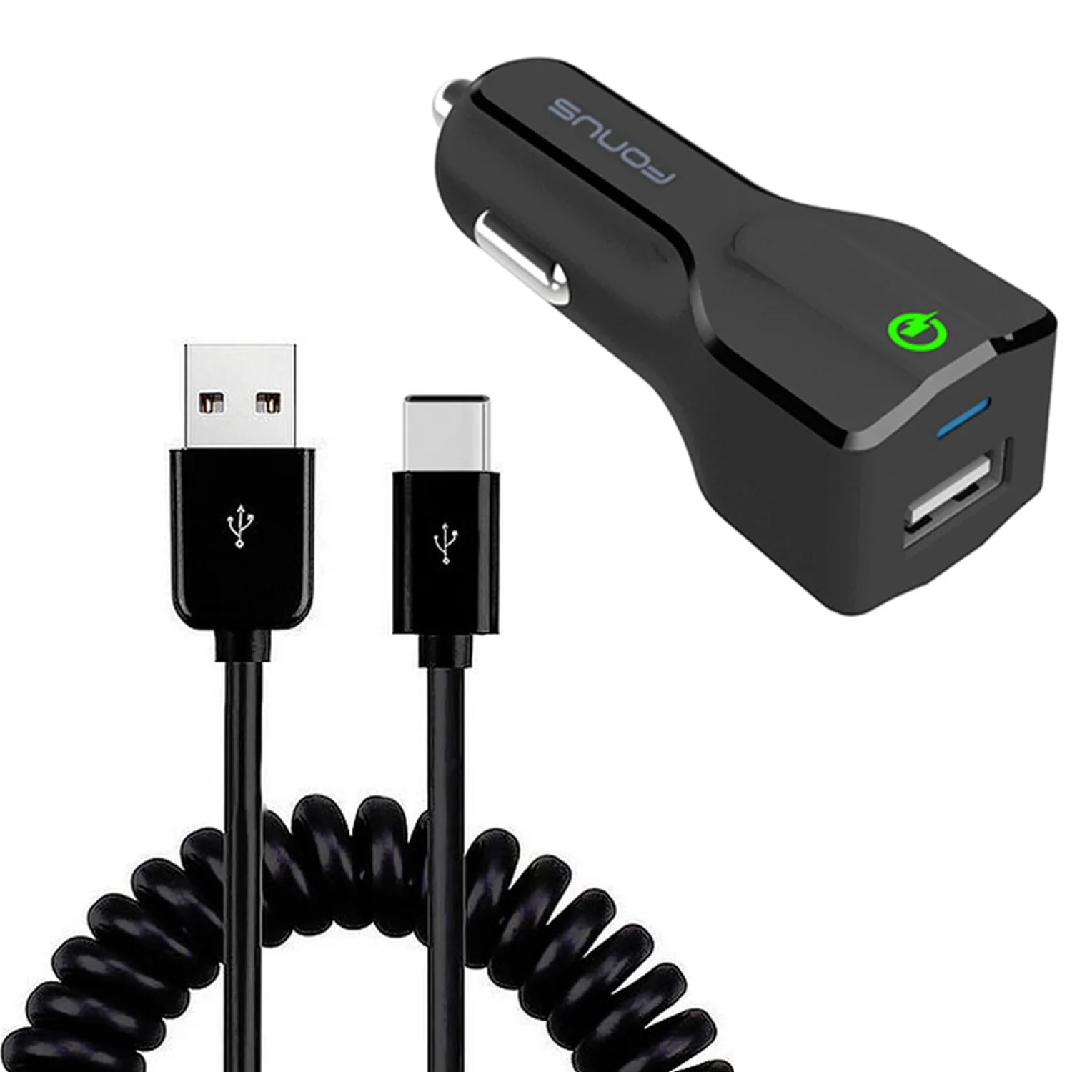 24W Fast USB Car Charger - Coiled USB-C Cable - QC3.0 - Fonus M14