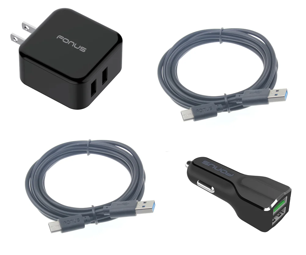 4-in-1 Home Car Charger Set with Two 6ft Cables - USB-C - Fonus K06