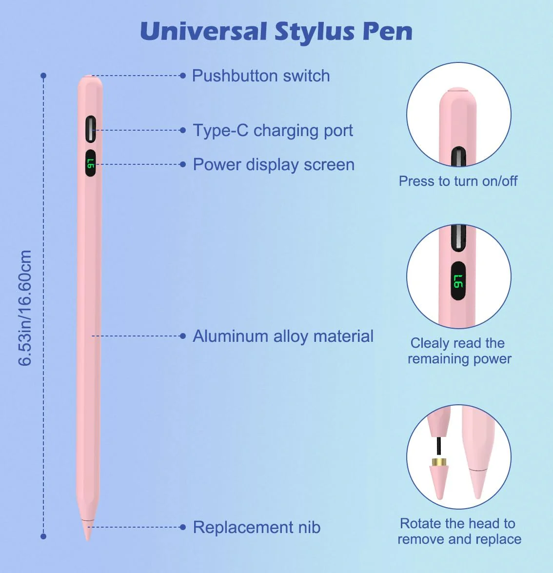 Active Digital Display Stylus Touch Pen Pink Capacitive Rechargeable Palm Rejection - ZDV63 - Image 3