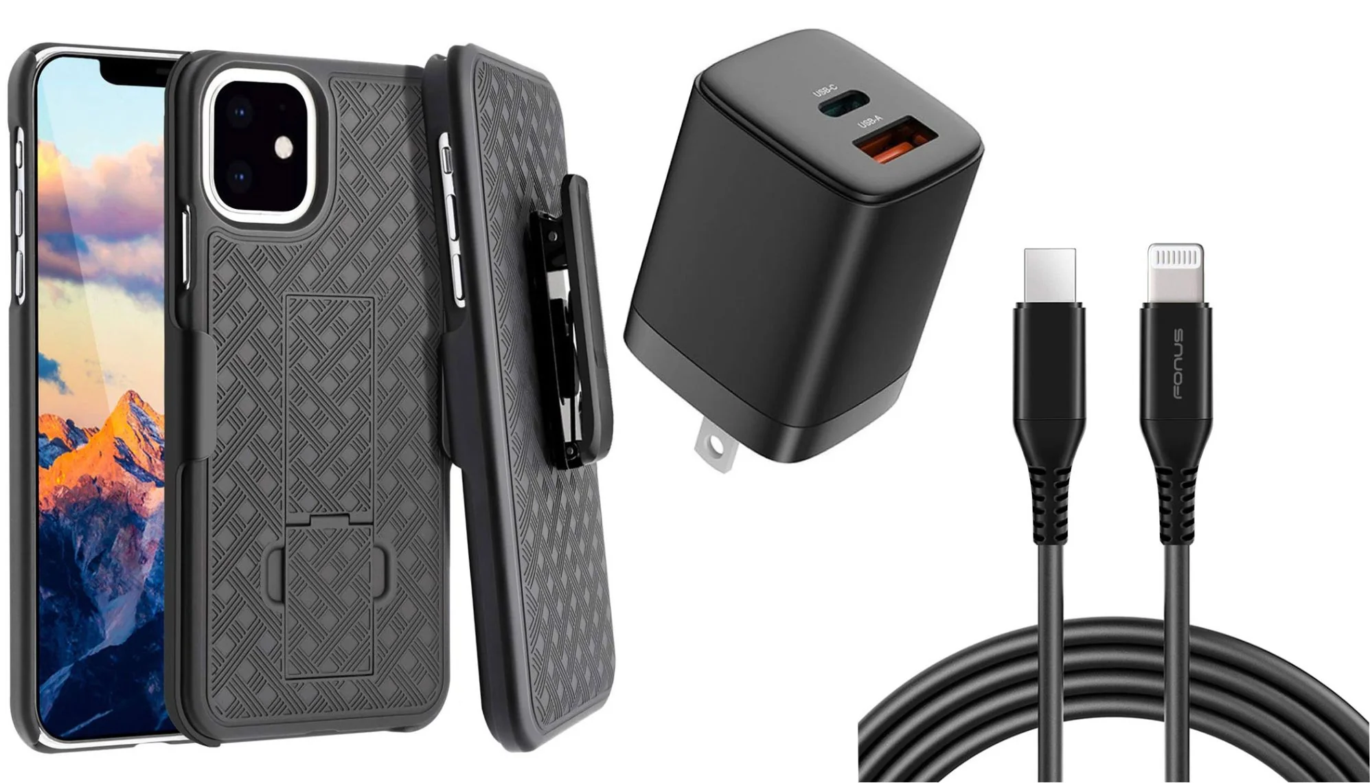 Belt Clip Case and 3 Pack Privacy Screen Protector Swivel Holster PD Type-C Power Adapter 6ft Long USB-C Cable Kickstand Cover 2-Port Quick Charge - ZDJ44+G96