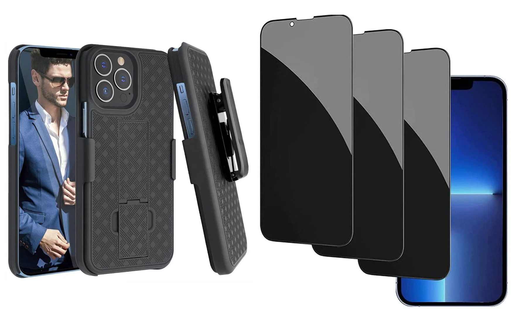 Belt Clip Case and 3 Pack Privacy Screen Protector Swivel Holster Tempered Glass Kickstand Cover Anti-Peep Anti-Spy - ZDA12+3Z27