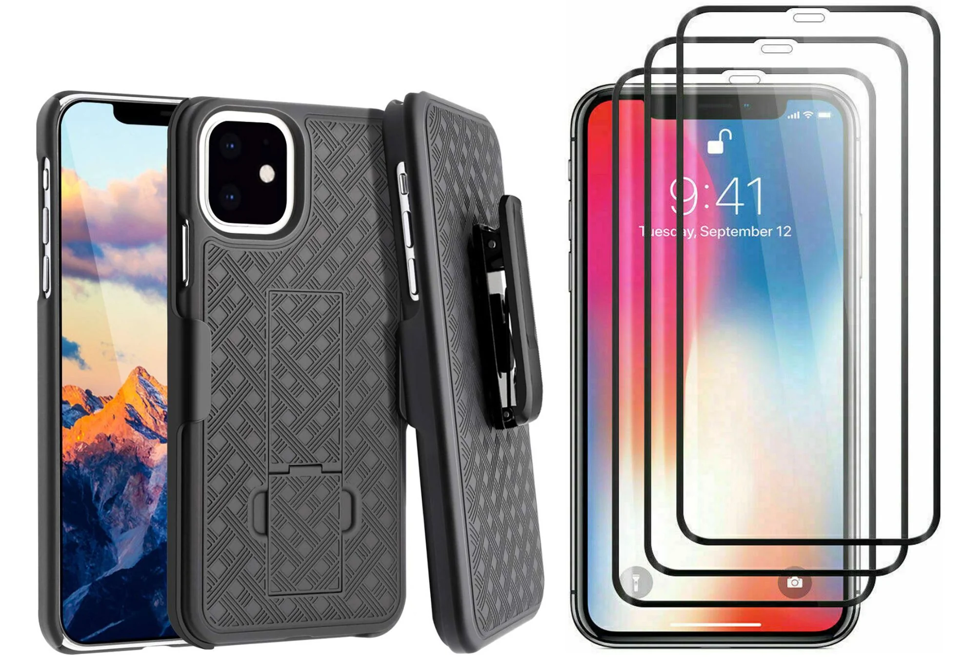 Belt Clip Case and 3 Pack Screen Protector Swivel Holster Tempered Glass Kickstand Cover 5D Touch Curved Edge - ZDM90+3R50