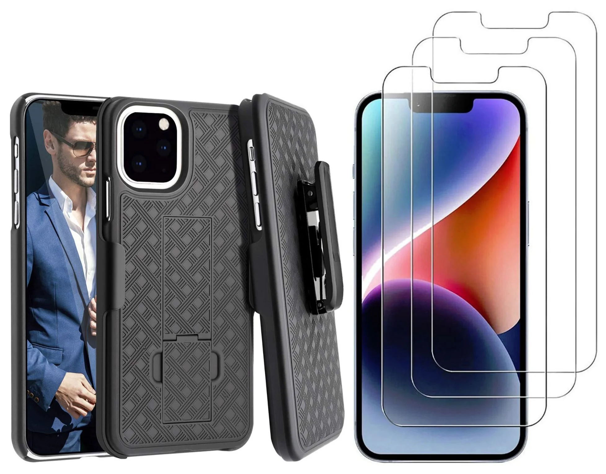 Belt Clip Case and 3 Pack Screen Protector Swivel Holster Tempered Glass Kickstand Cover Matte 3D Curved Edge - ZDM27+3R60