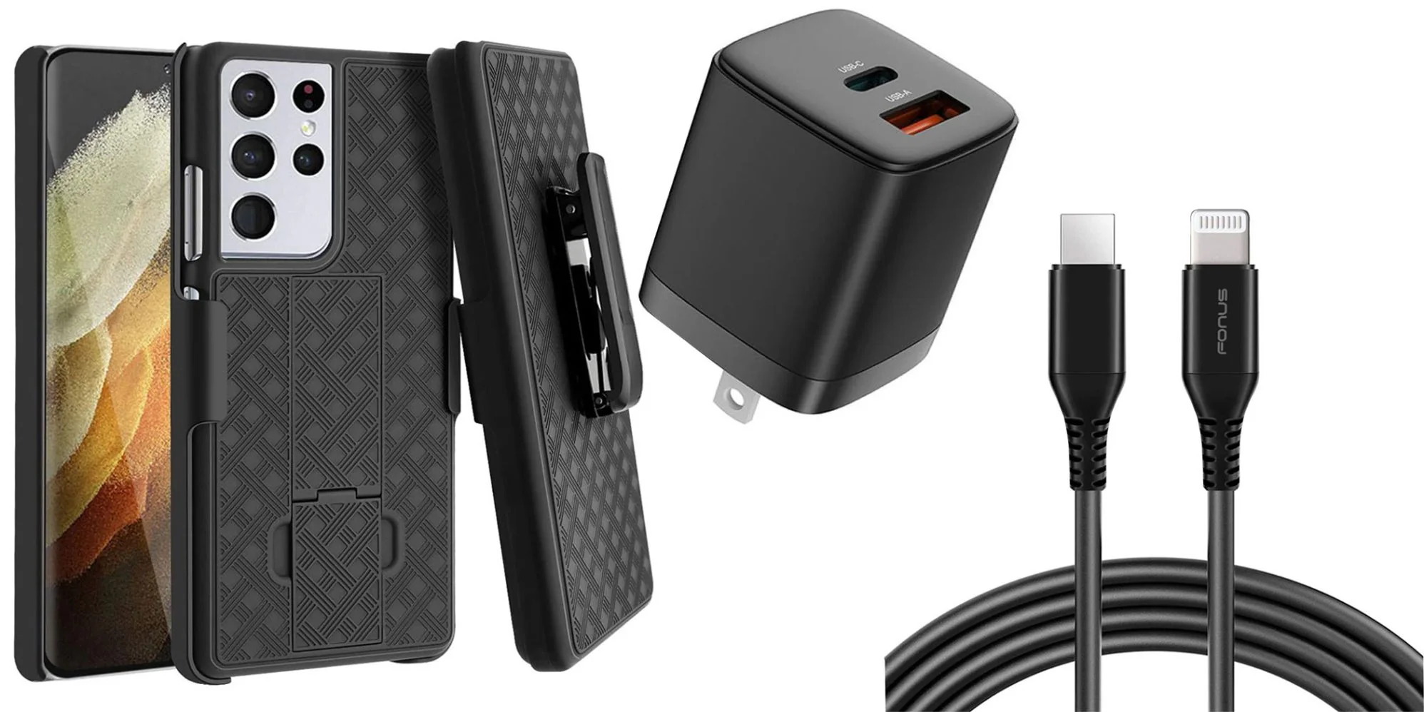 Belt Clip Case and Fast Home Charger Combo Swivel Holster PD Fast Charger Cord 6ft Long USB-C Cable Kickstand Cover 2-Port Quick Charge - ZDA85+G88