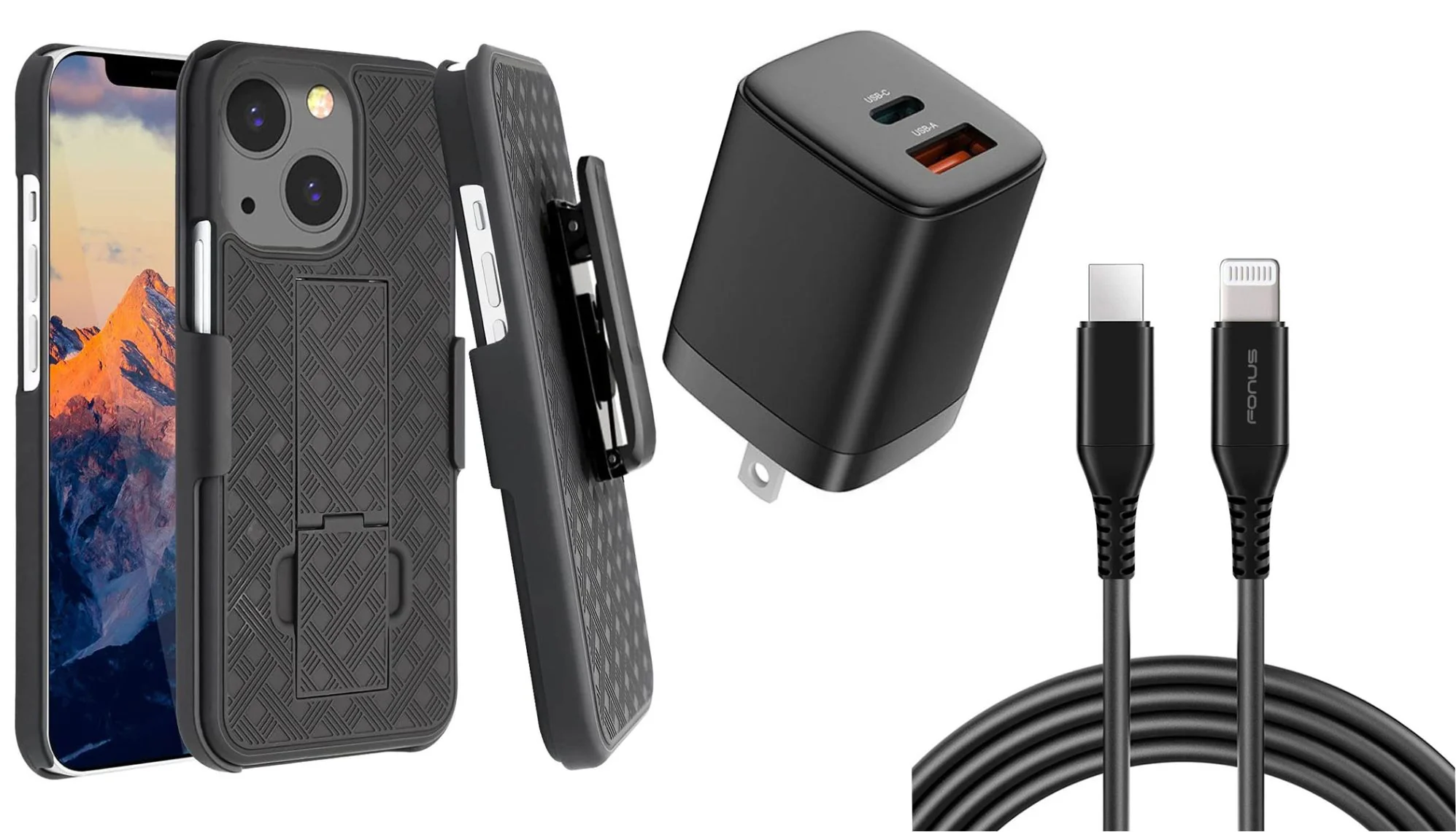 Belt Clip Case and Fast Home Charger Combo Swivel Holster PD Type-C Power Adapter 6ft Long USB-C Cable Kickstand Cover 2-Port Quick Charge - ZDA49+G96