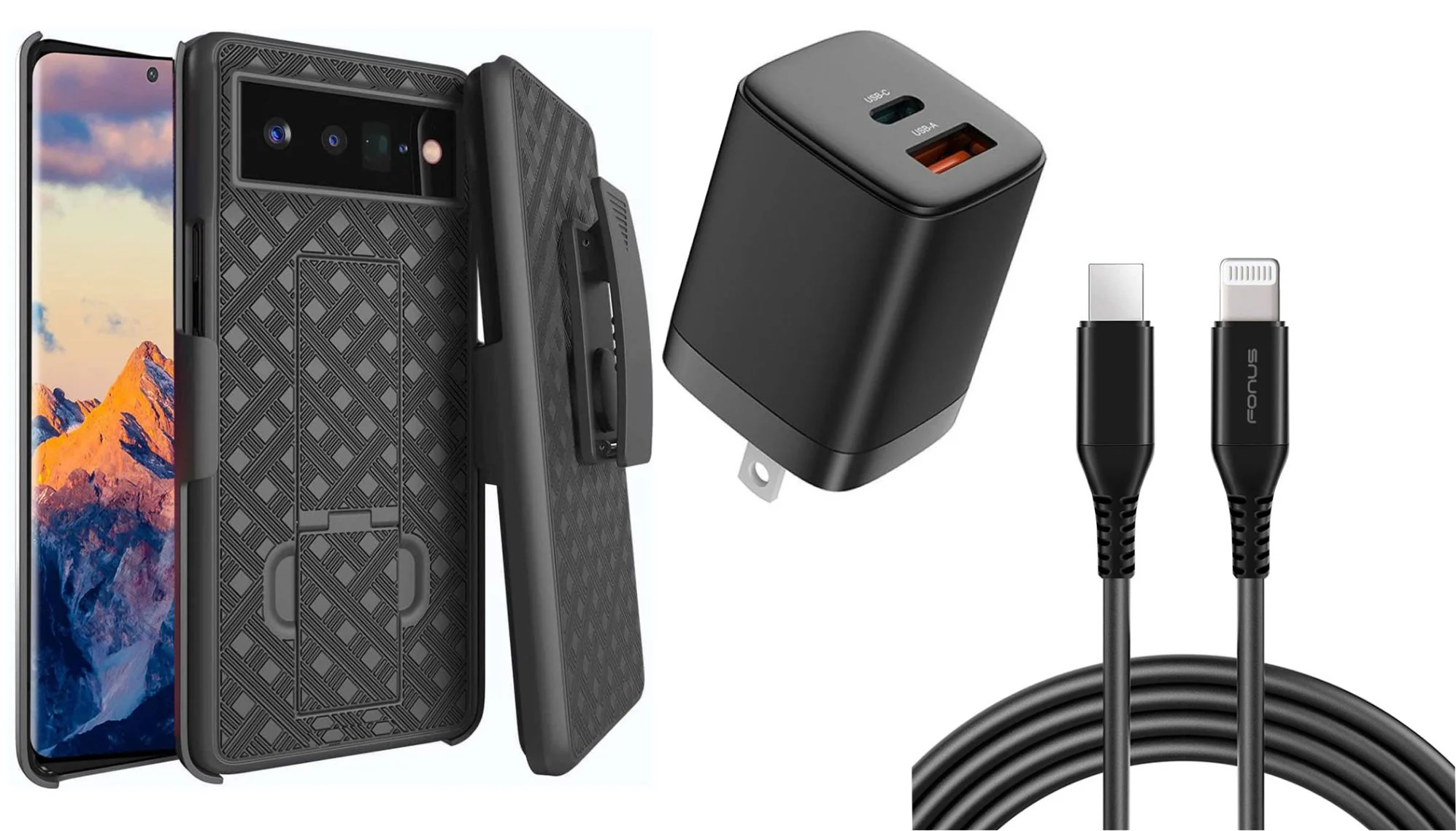 Belt Clip Case and Fast Home Charger Combo Swivel Holster PD Type-C Power Adapter 6ft Long USB-C Cable Kickstand Cover 2-Port Quick Charge - ZDZ09+G88