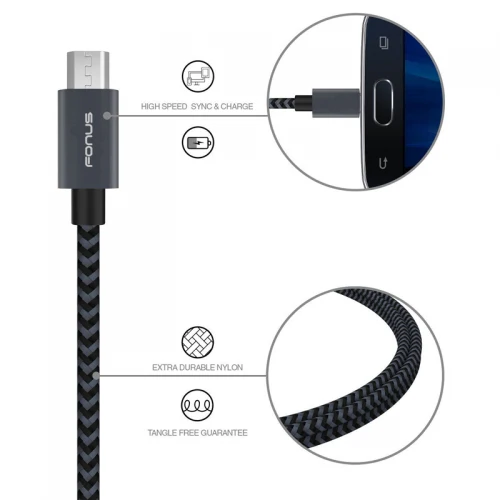 6ft Micro USB Cable Charger Cord - Braided - Gray - Fonus R39 - Image 6
