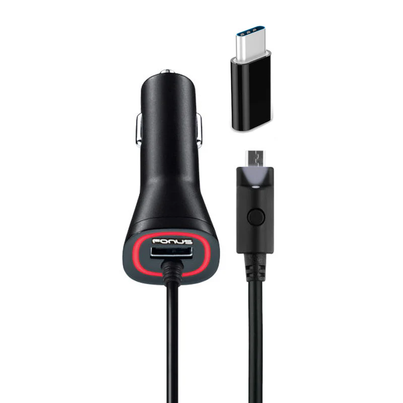 Car Charger with USB-C Adapter Power Adapter Type-C DC Socket Extra USB Port Coiled Cable - ZDJ55+USB-C