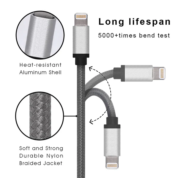 10ft MFI Certified USB to Lightning Cable - Braided - Gray - Pinyi - R27 - Image 4