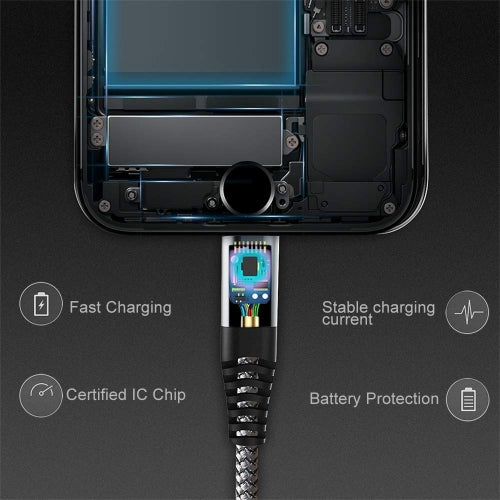 Fonus 6ft Long MFI Certified USB to Lightning Cable - Braided - Black - M39 - Image 6