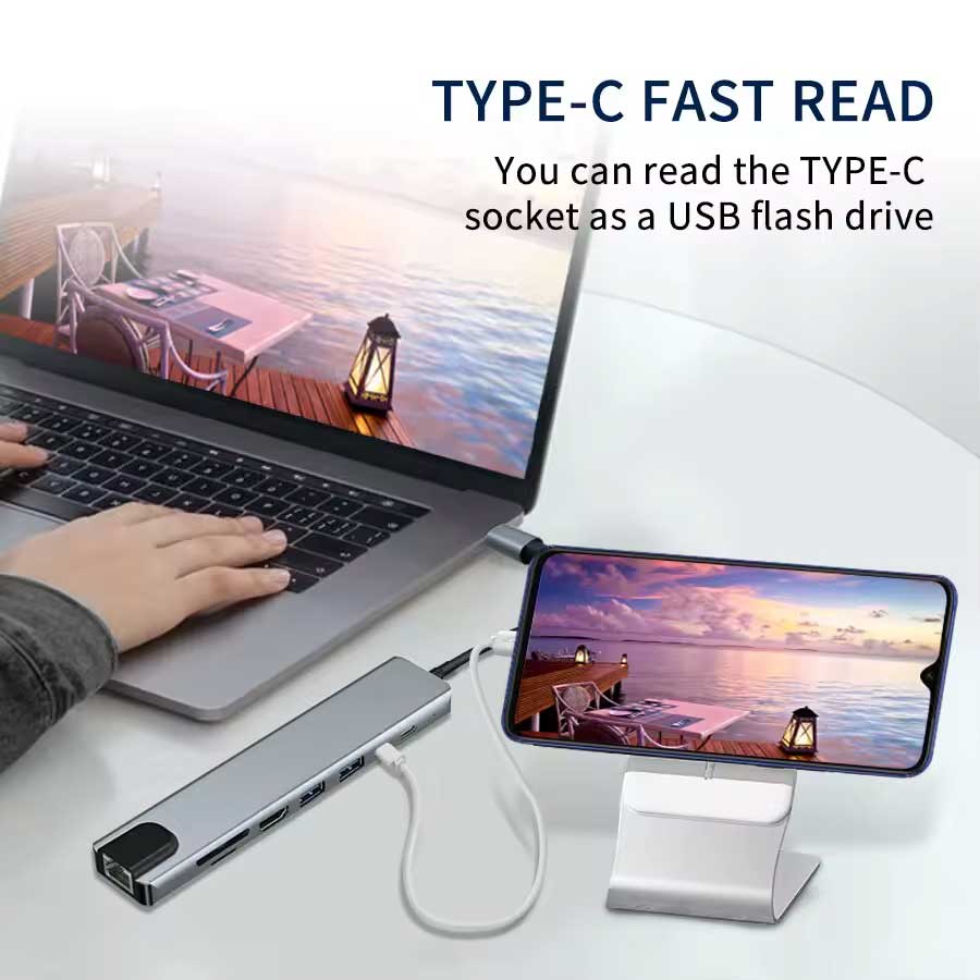 HDMI TV Adapter 8-in-1 USB-C Hub RJ45 Ethernet Port TYPE-C PD Charger Card Reader Audio Video - ZDZ87 - Image 3