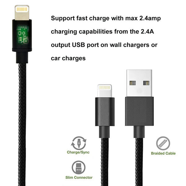 10ft MFI Certified USB to Lightning Cable - Braided - Black - Pinyi - K74 - Image 3