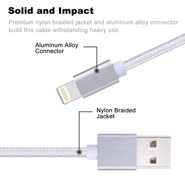 10ft MFI Certified USB to Lightning Cable - Braided - White - Pinyi - K75 - Image 4