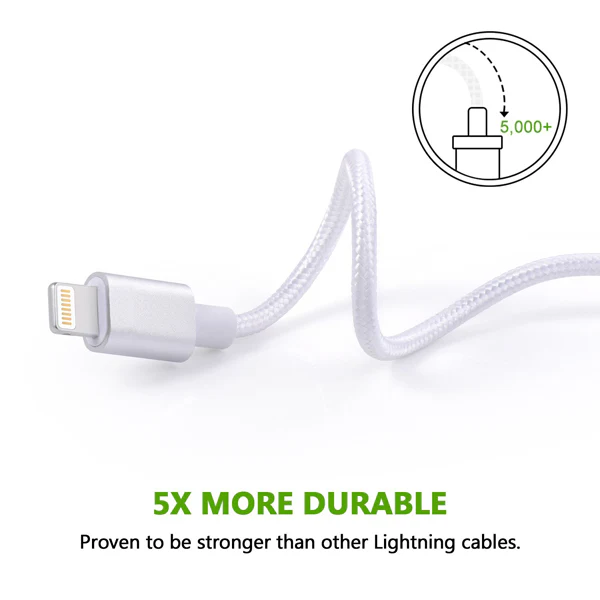 6ft MFI Certified USB to Lightning Cable - Braided - White - Pinyi - K72 - Image 3