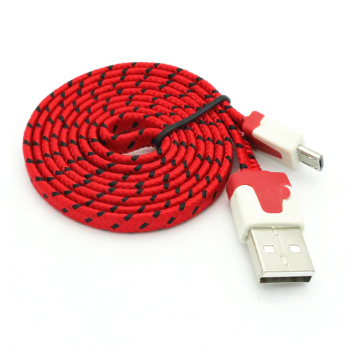 3ft Micro USB Cable Charger Cord - Flat - Braided - Red - Fonus J38 - Image 2