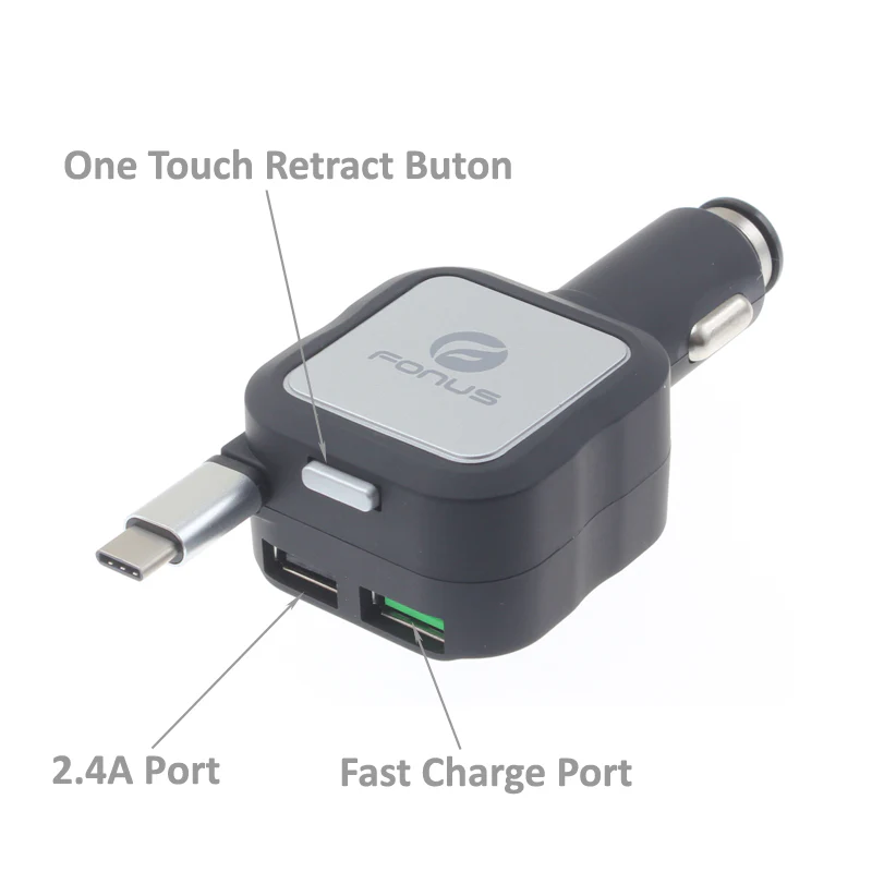 Retractable Car Charger 2-Port USB - One QC3.0 Port - USB-C - Fonus M43 - Image 4