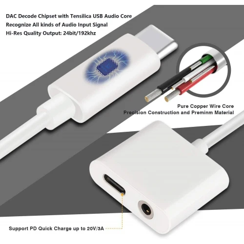 TYPE-C Headphones Adapter Earphone Jack Charger Port Splitter USB-C - White - Fonus - G27 - Image 4