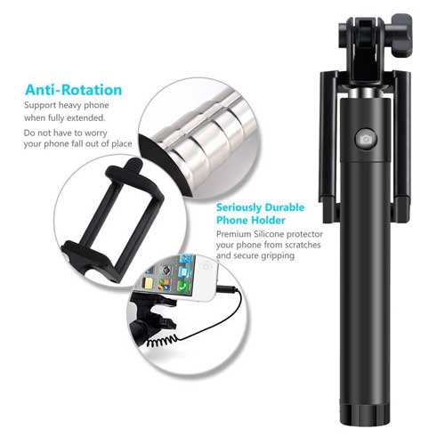 Compact Wired Selfie Stick Monopod Extendable with Built-in Remote Shutter - Fonus B41 - Image 4