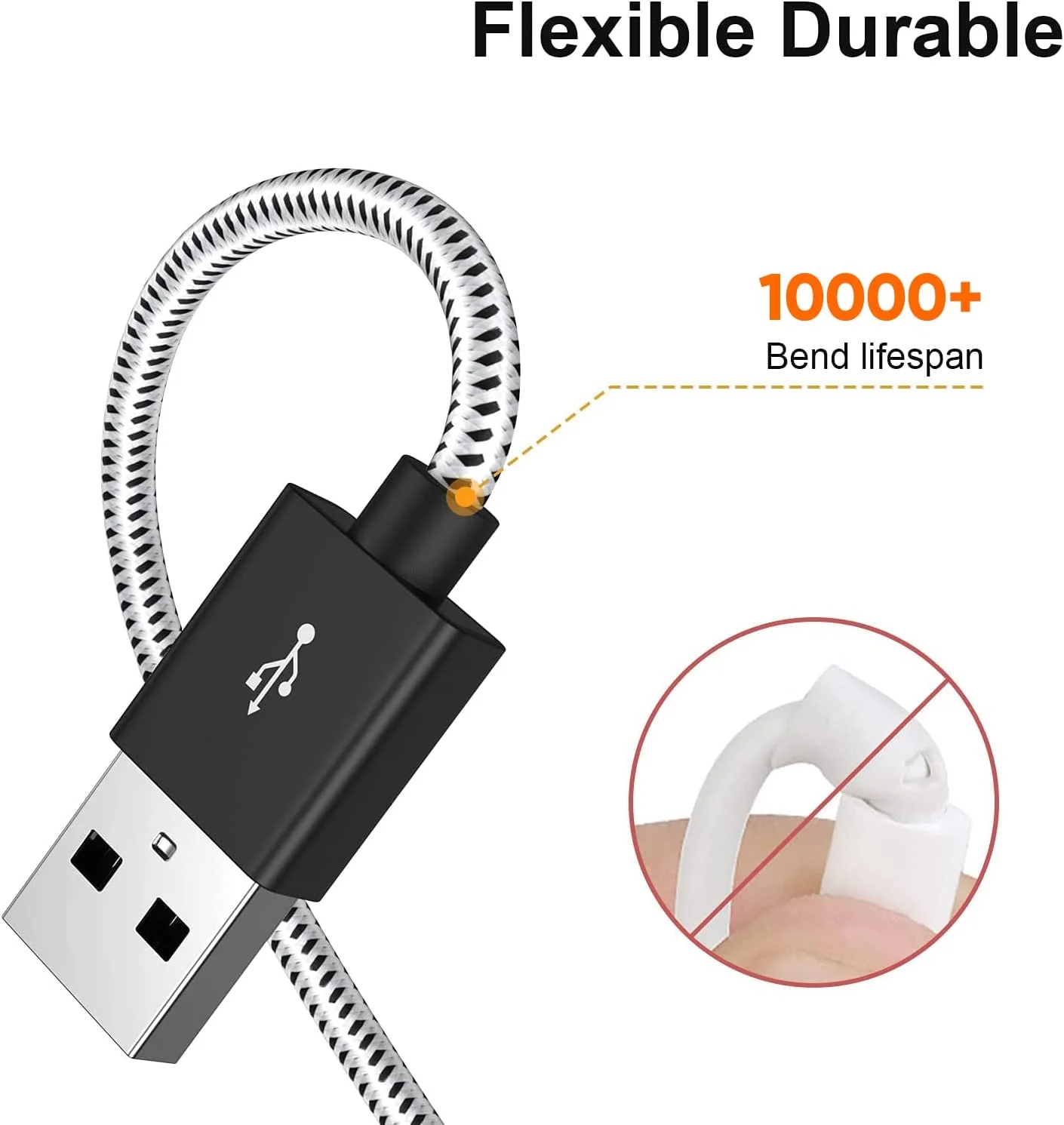 10ft Micro USB Cable Charger Cord - Braided - White - Fonus S50 - Image 3