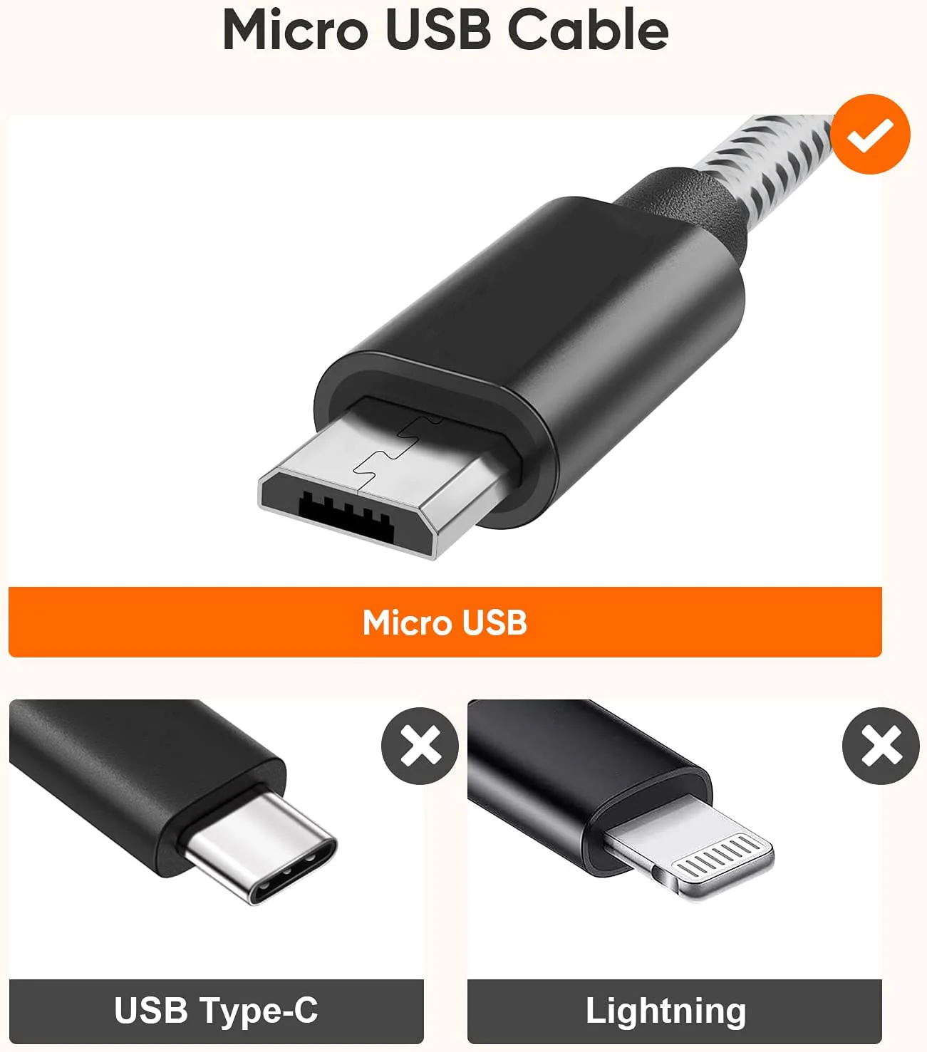 10ft Micro USB Cable Charger Cord - Braided - White - Fonus S50 - Image 5